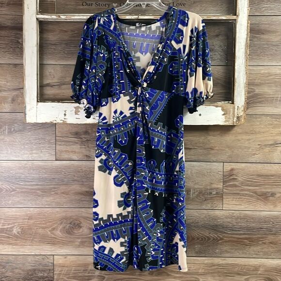 NINE WEST Short Elastic Sleeve Vneck Knotted Ruched Bodice Dress Size 4 Blue - Picture 3 of 10